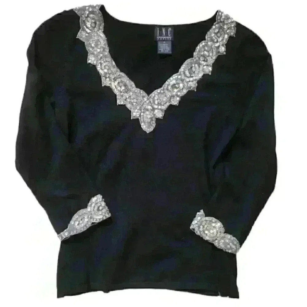 Vintage INC petite appliqué embellished Black Pullover V-neck sweater